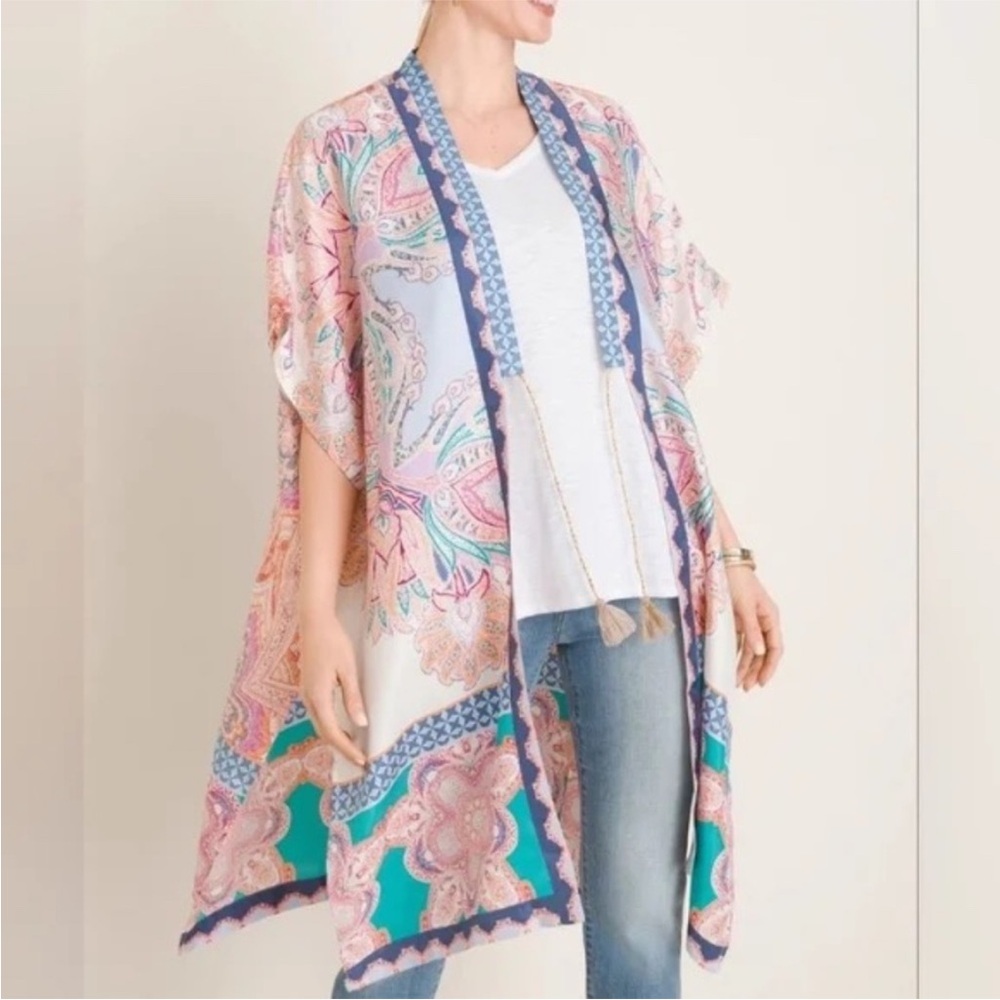 Chico's Silk Women's Medallion Print Multi colored Ruana Kimono Wrap S/M